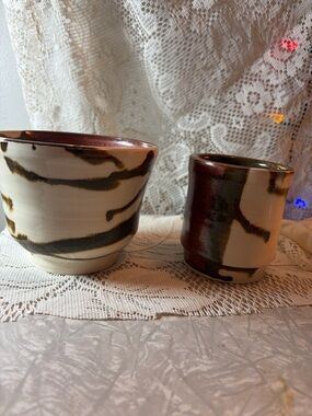 RARE VTG MCM Signed LaForet Studio Pottery Bowls Set of 2 Abstract Drip Glaze